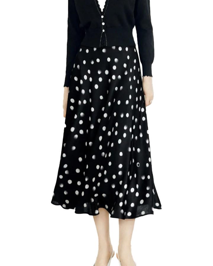 Women's Polka Dot Silk Midi Skirt - 19 Momme Mulberry Crepe de Chine, A-Line for Wedding/Office