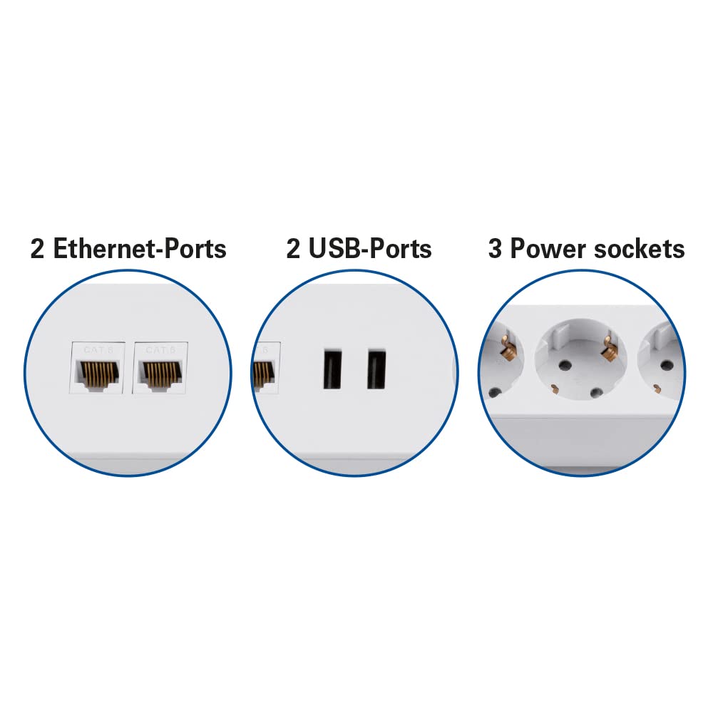 maxtrack Multiprise NV64L 3 Prises de Contact de Protection avec 2 Ports USB et 2 Ports LAN, multiprise pour la Maison vissable, Bouton Marche/arrêt et multiprise avec câble de 1,8 m
