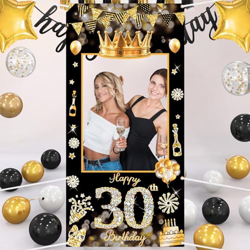 POPOYU Decoraciones de 30º Cumpleaños, Pancarta de Cumpleaños Negra y Dorada, Accesorios para Cabina de Fotos de Fiesta, Marco Gigante de Tela para Cabina de Fotos de 30º Cumpleaños, Marco Grande