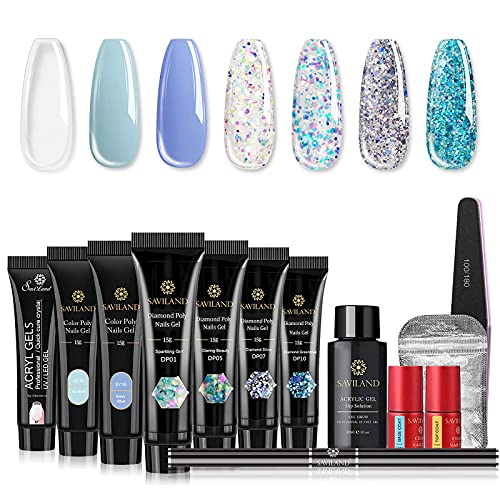 Saviland Poly Nails Gel Kit - Glitter Poly Gel 7 Colors Builder Gel Nail Extension Gel Nail Enhancement Manicure Kit for Gel Polish Starter and Professional Nail Technician Blue Series