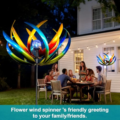 Image of 83 inch Large Solar Wind Spinner Outdoor - Metal Tulip Flower Sculpture with Multi-Color LED Glass Ball - Waterproof Kinetic Yard Art for Garden Lawn Patio, Mother's Day Birthday Gardening Gifts