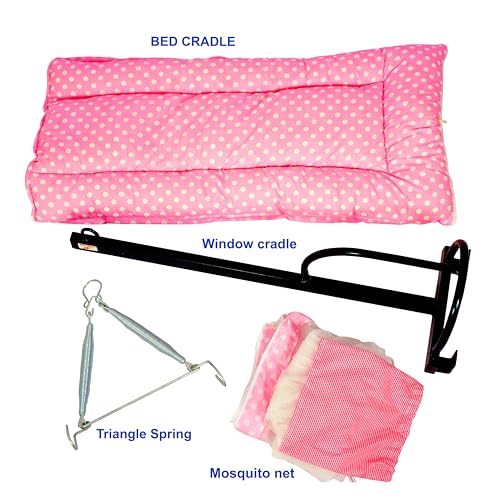 Image of Little chime window cradle hanger with bassinet with bed, pillow, mosquito net, Cotton, Pink