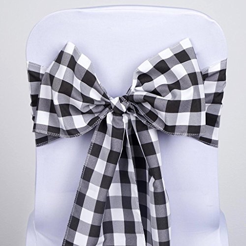 Balsa Circle 10 Black on White Gingham Checkered Polyester Chair Sashes Bows Ties - Wedding Party Ceremony Reception Decorations
