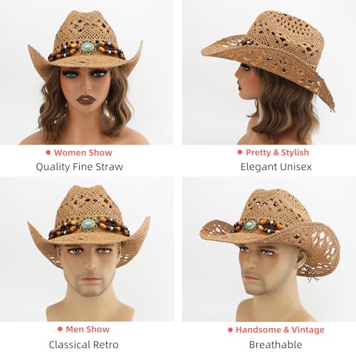 Image of Straw Cowboy Hat, Western Cowgirl Hat, Wide Brim Sun Beach Hat for Men and Women
