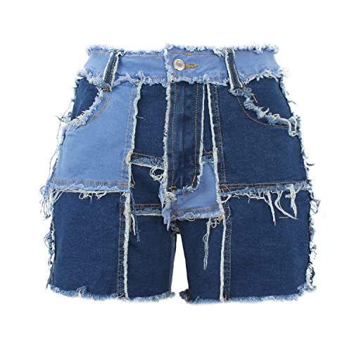 Pesion Women's Frayed Raw Hem Denim Paneled Shorts Drawstring Mid Waisted Jean Shorts With Pockets #TOP5