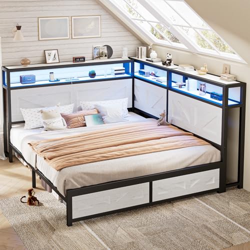 CIKUNASI Corner Queen Size Bed Frame with Headboard and Storage Bookcase Large Capacity Farmhouse Bed Frame with LED Lights and Charging Station for Kids Corner Storage Bed