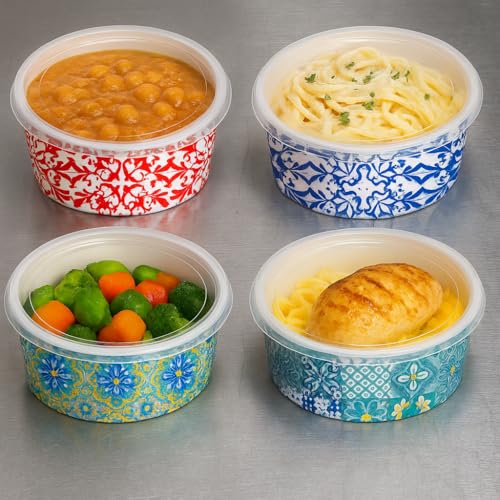 Terryshop74 Insalatiere Maiolica 1000 ml con Coperchi – 25 Ciotole in Carta Decorata + 25 Coperchi Trasparenti – Contenitori Grandi per Pokè, Insalate e Piatti Caldi