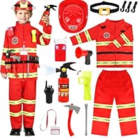 HUUIDY Firefighter Costume for Kids, Fireman Costume with Firefighter Tools, Fire Extinguisher, Helmet Light, Right Angle Flashlight, Kids Dress Up Clothes, Pretend Play Toys Gifts for Boys Age 4+