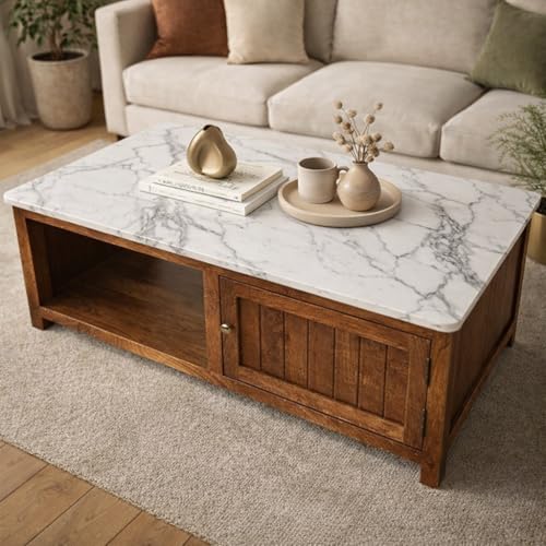 Image of Solid Wood Madrid Centre Table with Premium Sintered Stone Top for Living Room | Wooden Coffee Table | Dark Teak Finish | 110 x 60 x 40 cm