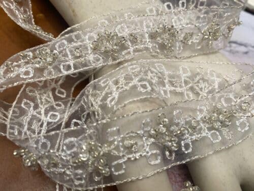 White & Silver Embroidered Trim Hand Sewn 7/8" Glass Beads White Silver Organza 1yd Fabric