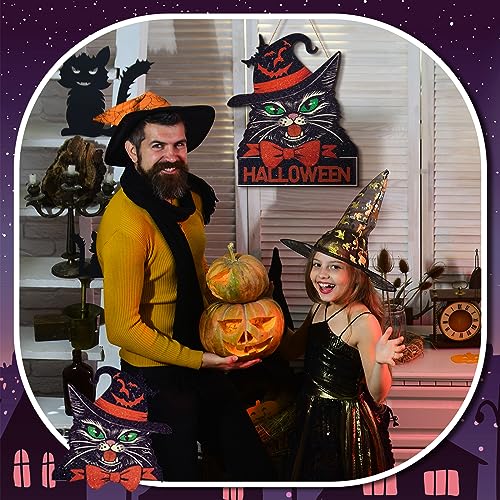 Décoration de porte en bois avec chat noir pour fêter Halloween en famille