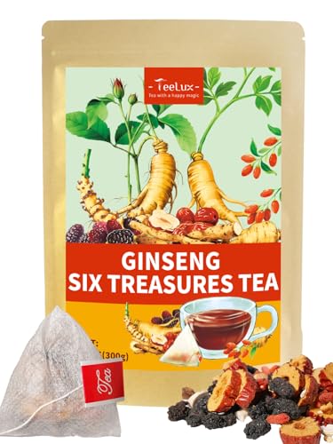 Image of TeeLux Ginseng Six Treasures Tea Bags, Caffeine Free, No Additives, 30Count | Traditional Chinese Herbal Tea Blend with Ginseng, Mulberry, Goji Berry, Smooth & Layered Flavor, Corn Fiber Pyramid Tea Bags