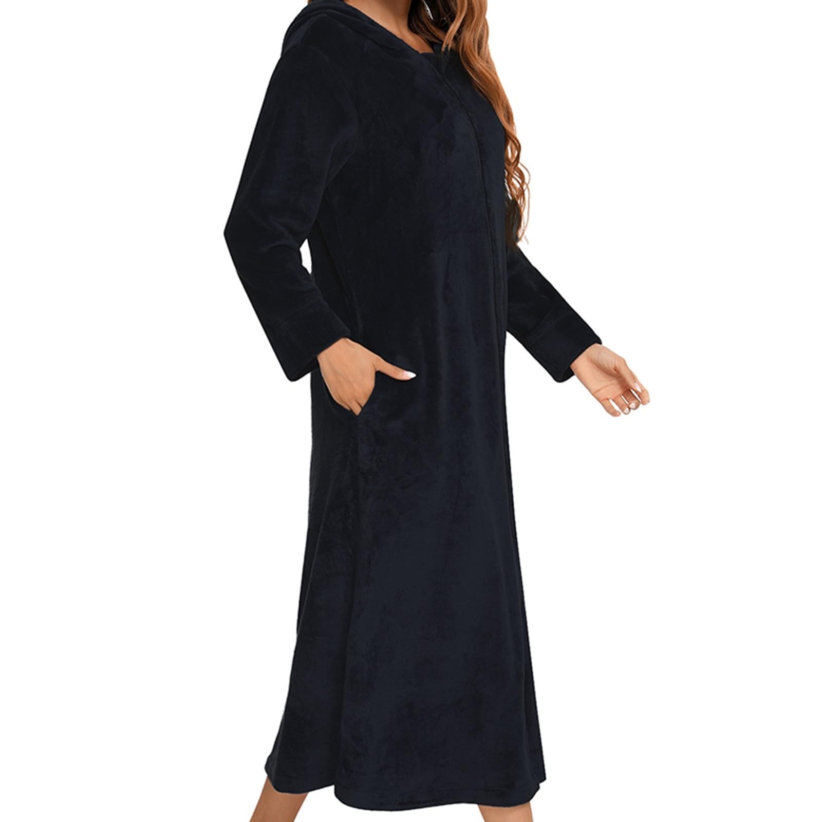 Robe De Chambre Capuche avec Zipper, Peignoir De Bain Femme Polaire Unie, Chemise De Nuit Grande Taille à Manches Longues, Chaud Et Confortable VêTements De Nuit Femme Automne Hiver