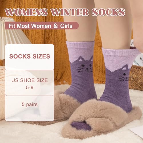 Image of 5 Pairs Wool Socks for Women, Winter Warm Cute Cat Crew Socks