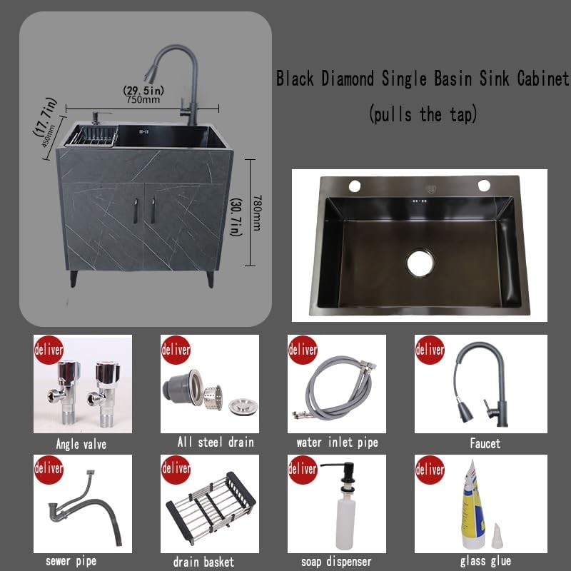 Miniatura 7 de Gabinete integrado de fregadero de acero inoxidable de lavabo único, fregadero móvil de acero inoxidable para cocina al aire libre, gabinete de