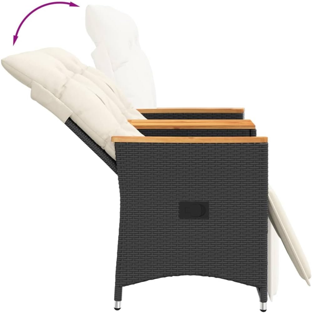 2-Seater Reclining Garden Sofa with Integrated Center Table, Adjustable Backrest Patio Loveseat, Outdoor Poly Rattan Furniture for Balcony, Black