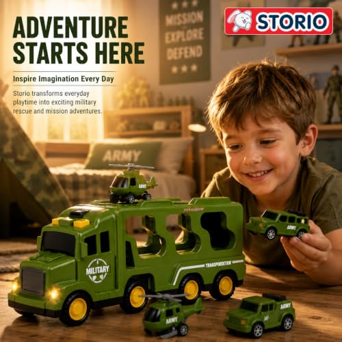 Image of Storio 5 in 1 Military Army Truck Toy for Kids 3-5 Years Boys | Transport Carrier Vehicle Set with Tank Helicopter Combat Cars | Friction Powered Light Sound Toys for 3 4 5 6 7 Years Old