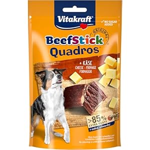 Vitakraft Beef Stick Quadros, Hundeleckerli getreidefrei, extra fleischig, mit Käse, zum Belohnen und Verwöhnen, ohne Zusatz von Zucker (1x 70g)