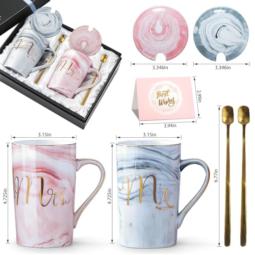 Jumway Wedding Gifts for Couples 2026, Gifts for Bridal Shower Engagement Bride and Groom Anniversary -Ceramic Marble Coffee Mugs with Real Gold Mr/Mrs Letters 14 Oz Pink - Image 2