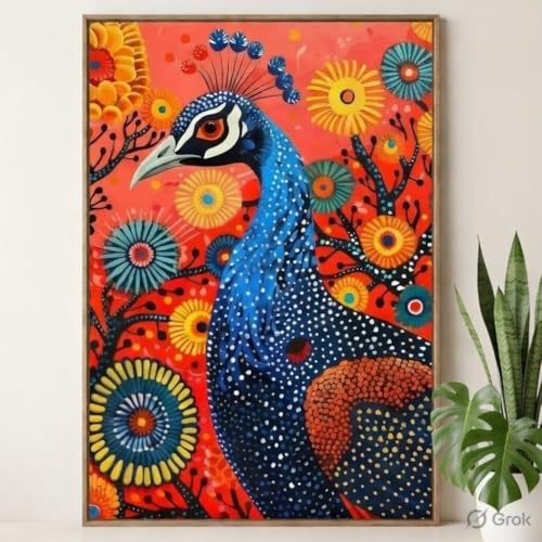 Image of Livin'luxe Colorful Peacock Folk Art Wall Painting with Wooden Frame | Vibrant Bird Artwork HD UV Laminated MDF Wall Decor | Modern Peacock Floral Art for Living Room Bedroom Home Decor