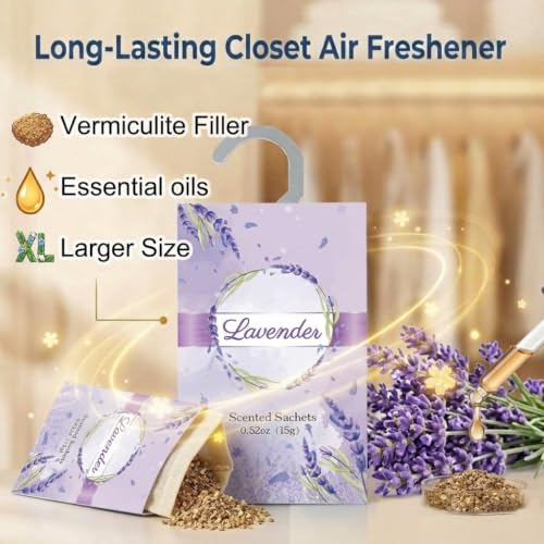 Image of 12 Packs Lavender Scented Sachets for Closets and Drawers - Natural Lavender Essential Oil Hanging Bags with Retractable Hook - Ideal for Lingerie, Silk Sheets, Bedding & Nightwear Care