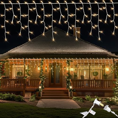 Icicle Lights for Outside 150 10ft 27 Drops Icicle Christmas Lights Outdoor Warm White Incandescent String Lights Indoor and Outdoor UL Listed for Patio Garden Wedding Bedroom (Mini Bulb)