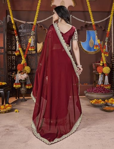 Image of DHARMEE Women's Elegant Designer Sarees Premium Rangoli Fabric with Embellished Border, Lightweight and Stylish Ethnic Wear - Perfect for Parties, Weddings, and Festive Occasions..