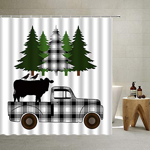 Buffalo Check Plaid Merry Christmas Trees Duschvorhang Familie Bauernhof Schwarz und Weiß LKW mit Kuh Abstrakt Tier Wald Bäume Silhouetten Badezimmer Polyester Stoff Weiß 178 x 188 cm Cover