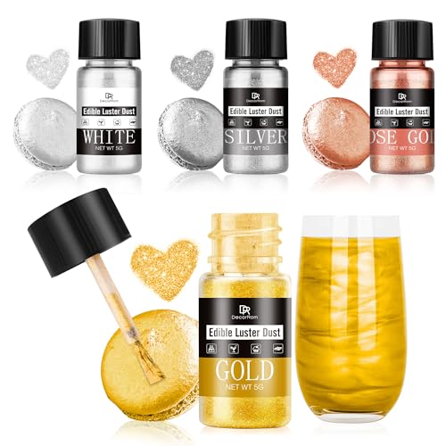 Edible Glitter Set for Drinks - 4 Colours Metallic Food Grade 20g Edible Glitter Powder & Luster Dust for Cake Decorating Baking Cupcakes Cookies Fondant Chocolate Buttercream - DIY Glitter Art