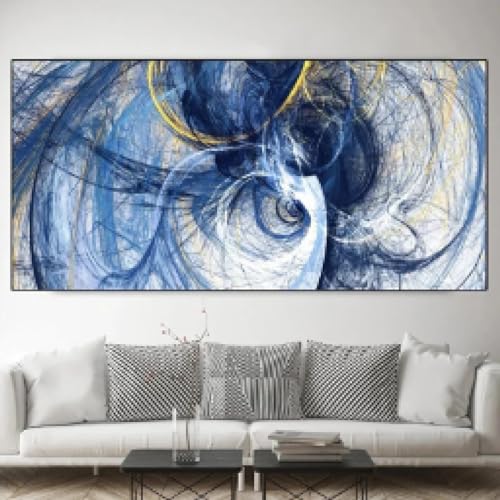 Art mural bleu abstrait ZHMANLUCK : tableau sur toile moderne 60x130cm avec cadre noir