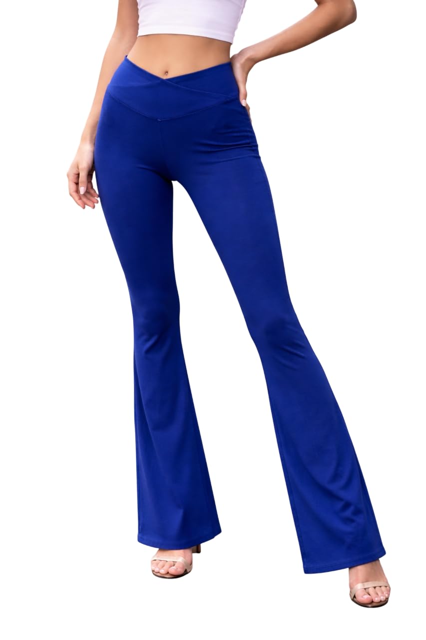 Indo Era Women's Crossover High Waist Flared Yoga Pants with Phone Pocket, Comfort-Fit, Track Pants, Gym Tights in neutral
