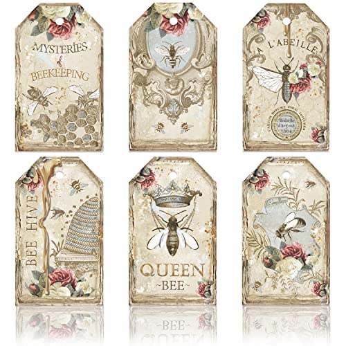 Whaline 120Pcs Vintage Honey Bee Paper Gift Tags Retro Bee Rose Label Tags with Hemp Rope for Summer Wedding Bridal Shower Baby Shower Party Decorations