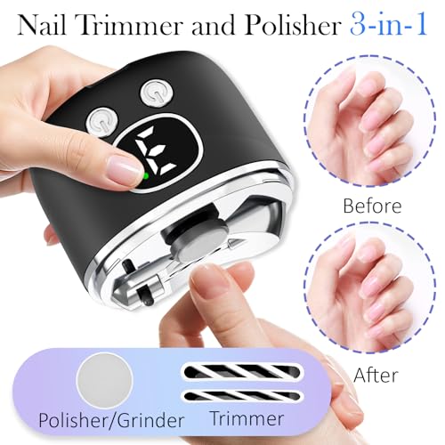 YunLuna 2026 New Electric Nail Clipper, 3-Speed Fingernail Trimmer with Magnifying Glass & Adjustable Trim Slot, Automatic Nail Clipper/Polisher/Grinder with Light Safe for Seniors Adults Kids, Black — view 3