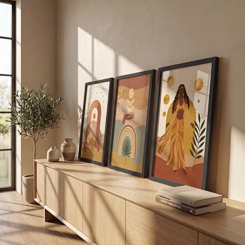 Image of NoWorries Boho Abstract Wall Art Framed Painting Set of 3 | Sun Moon Rainbow Woman Illustration Printswith Frame | Modern Aesthetic Bohemian Wall Decor Frames for Living Room, Bedroom and Office | Neutral Earth Tone Framed Artwork Ready to Hang (Art-4, 13x19inch, Wooden)
