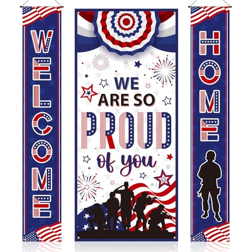VitalCozy 3Pcs Military Welcome Home Banner We Are So Proud of You Door Cover Military Welcome Door Decorations Set Deployment Returning Sign for Army Homecoming Party Decor