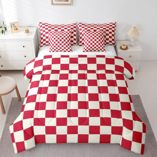Image of Erosebridal Plaid Queen Comforter Set 7 Piece Beige Red Checkerboard Bed in A Bag with Sheets Geometric Checkered Bedding Set for Kids Boys Girls,Aesthetic Grid Bed Set