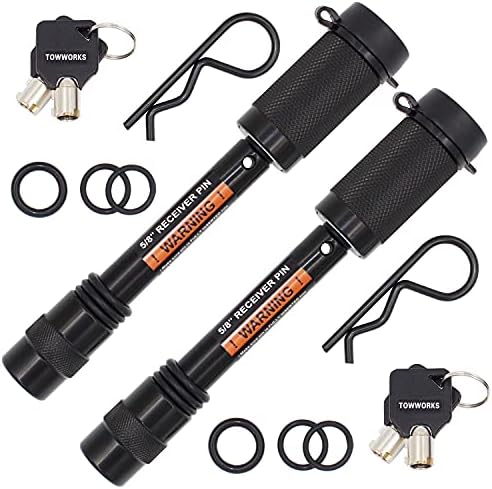 TowWorks 79632 Keyed Alike 5/8" Trailer Hitch Lock Set with Extra Long 3-1/4" Span, Double Safety Tow Hitch Receiver Locking Pin for Class III IV Hitches with 2" and 2.5" Receivers, 2-Pack