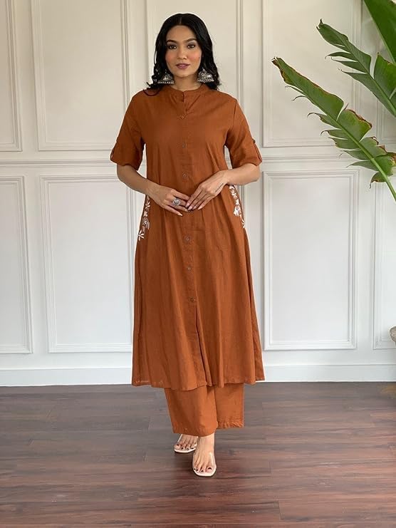 Image of Avayayat Women Elegant Rayon Palazzo Kurta Set | A-Line Kurta with Pants | Ethnic Two Piece Set | Casual & Office Wear Coord for Women | Stylish Dress Brown