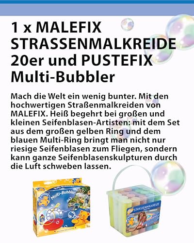 MALEFIX Straßenkreide 20er Packung + PUSTEFIX Multi-Bubbler Seifenblasen Ringe I Spielspaß für Kinder I Outdoor Spielzeug I PUSTEFIX Seifenblasen Set
