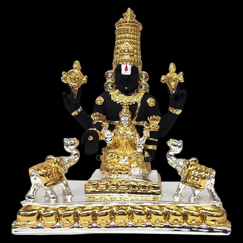 Image of Gold Art India Idol Tirupati Balaji with Gajalakshmi Venkateswara Swamy Statue with Shankha-Chakra & Elephant for House Warming Puja Room Gifting Home & Office Decor Showpiece (Gold Silver Plated 6 inch)