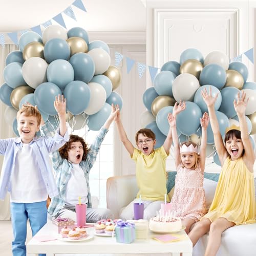 Image of 60pcs Dusty Blue Balloons, 12 Inch Dusty Blue Sand White Metallic Gold Balloons with Ribbon for Wedding Bridal Shower Birthday Party Baby Shower Decorations
