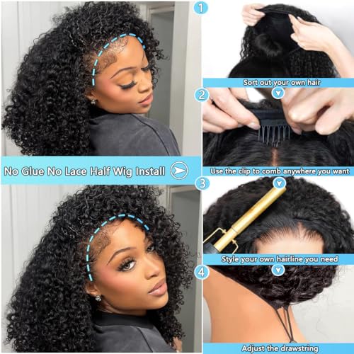 kinky curly half wig human hair 200 density wear go glueless wigs human hair 20 inch curly 3 in 1 half wigs for women drawstring seamless flip headband wig beginner friendly