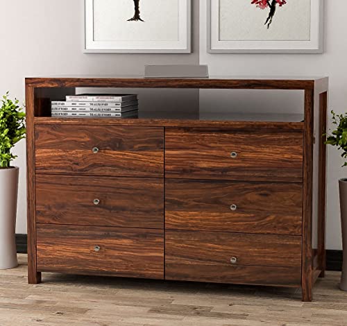Image of Wooden 6 Drawer Storage Cabinet Wooden Sideboard Storage Cabinet Dresser for Bedroom Living Room Home Sheesham Wood, Dark Brown