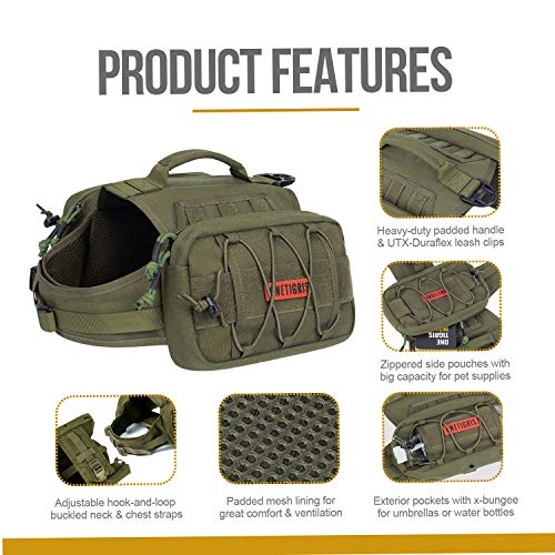 OneTigris Mammoth Hunderucksack 2.0 Version Reißen Camping Wandern Hundebackpack für M/L Größe Hunde (L, Ranger Grün)