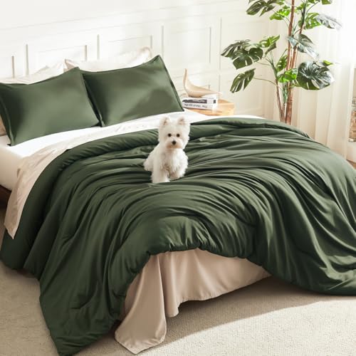 Image of Litanika Twin XL Comforter Set Dark Olive Green, 2 Pieces Extra Long Dorm Bedding Sets, Soft Down Alternative Comforter All Season Quilt Blanket