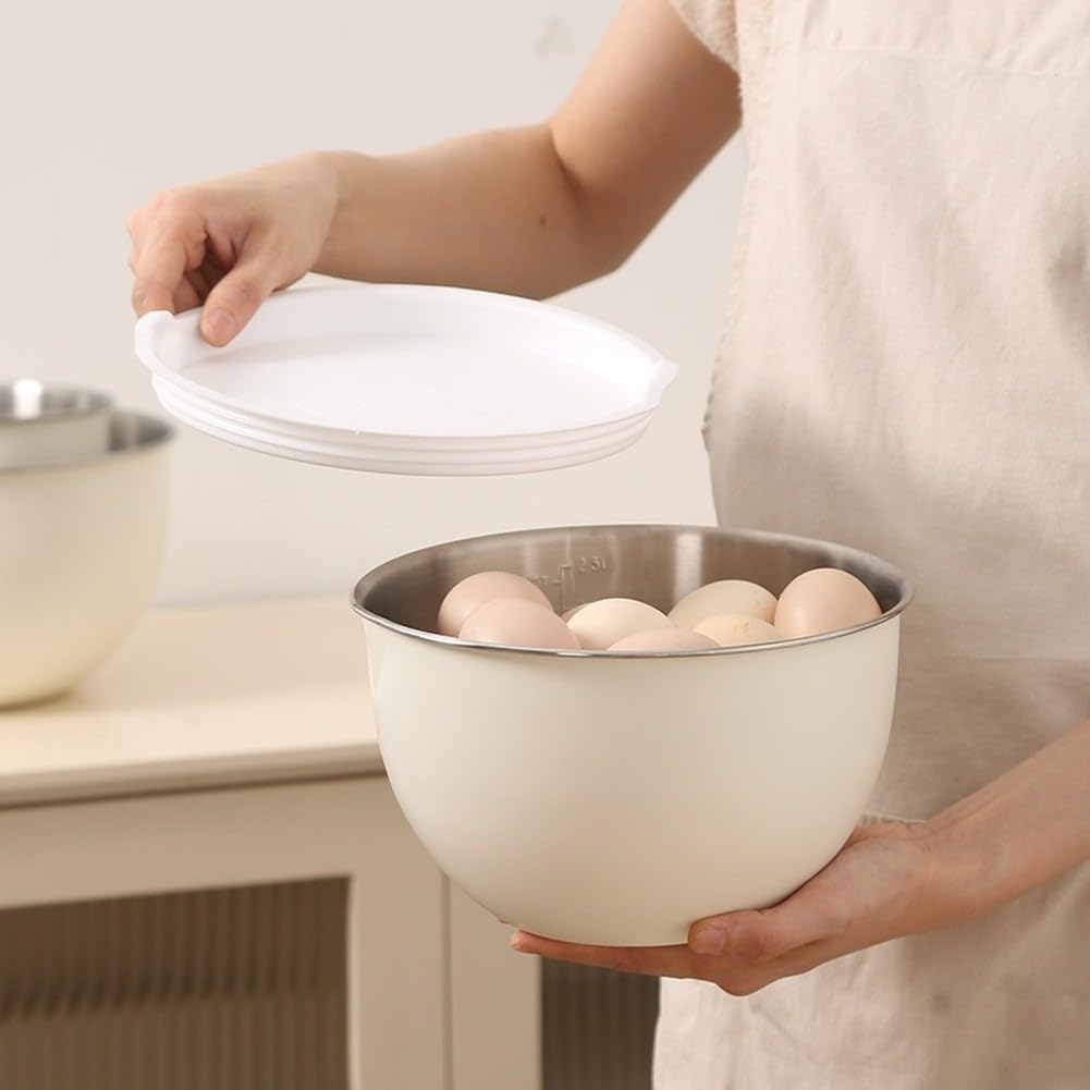 304 Edelstahl-Rührschüsseln mit Deckel, stapelbare Küchenvorbereitungsschüssel-Set, rostfreie Salatschüssel zum Teigschlagen von Eiern, stapelbare Aufbewahrung von Lebensmitteln (3 weiße Deckel)