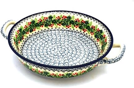 Polish Pottery Baker - Round with Handles - 8" - Holly Berry