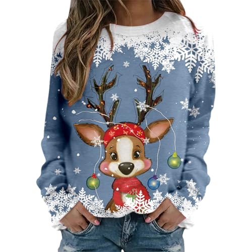 Camisola de Natal para mulher, com luzes LED, estilo urbano, camisola de Natal, casual, solto, estampado de Natal, moda, tamanho grande, manga comprida, festivo, estampado de alces, festa de Natal, 01