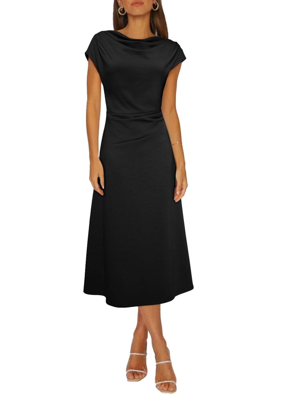 Happy Sailed Women's Spring Summer Short Sleeve Cowl Neck Ruched Waist Flowy A Line Midi Dresses Party Cocktail Dress