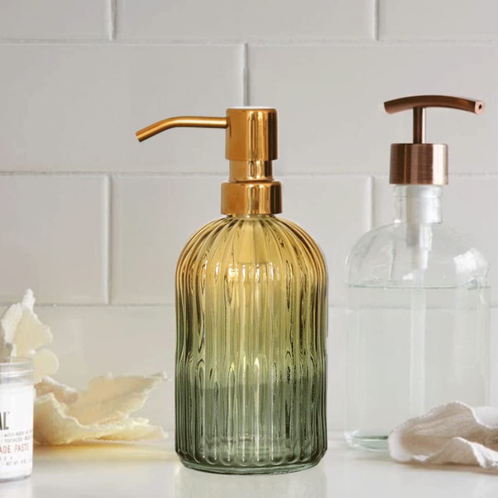 Moderno dispenser di sapone in vetro a righe con pompa in acciaio inossidabile per B e cucina bottiglia ricaricabile a pompa per lozione in colore giallo verde sfumato